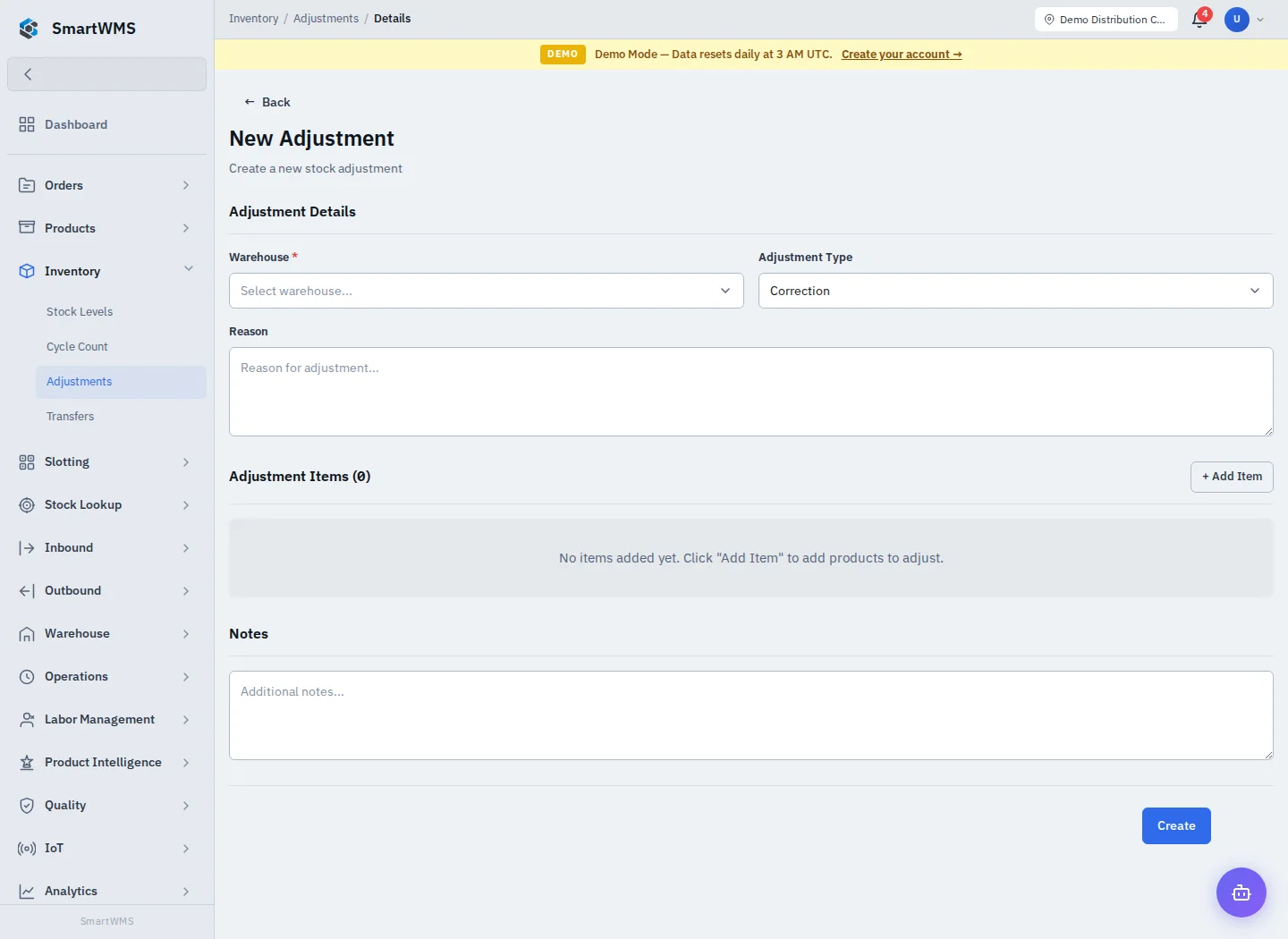 Stock Adjustments in the public demo account