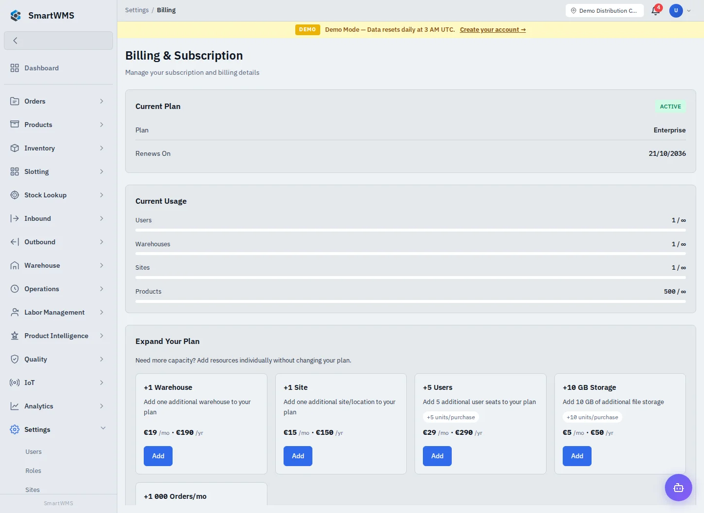 Billing and Subscription in the public demo account