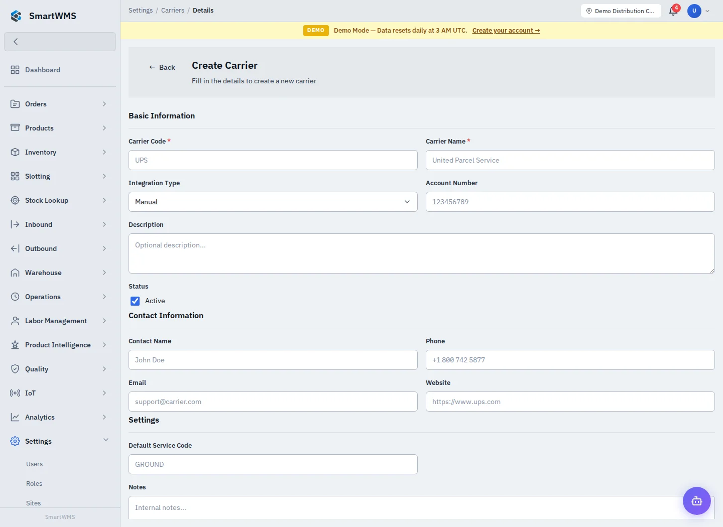 Carrier Register in the public demo account