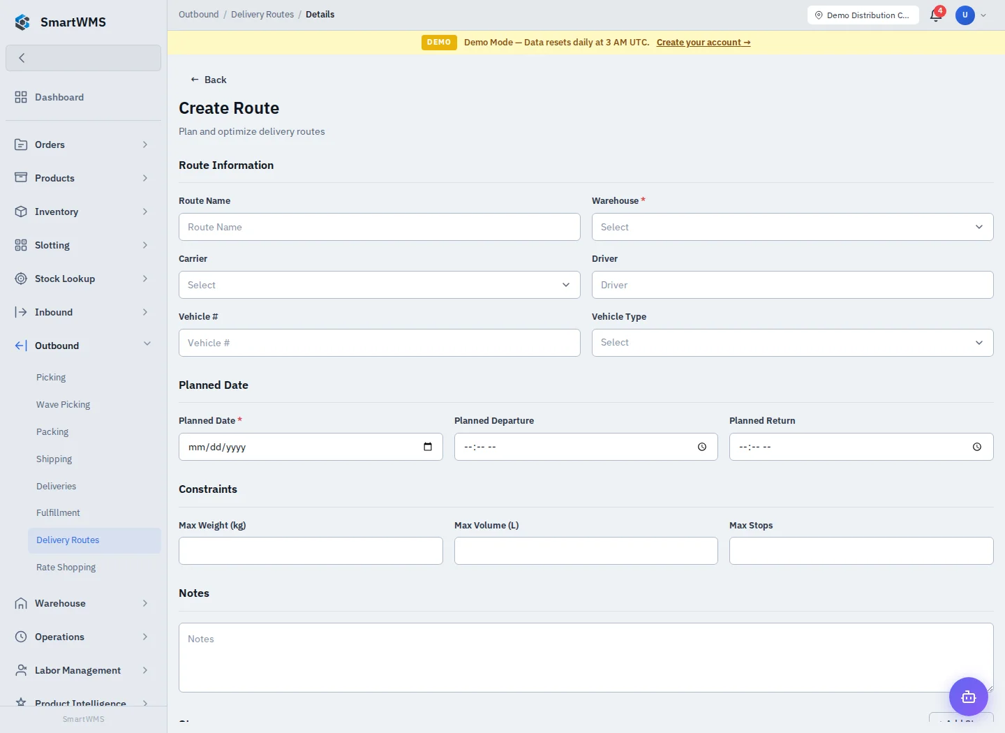 Delivery Routes in the public demo account