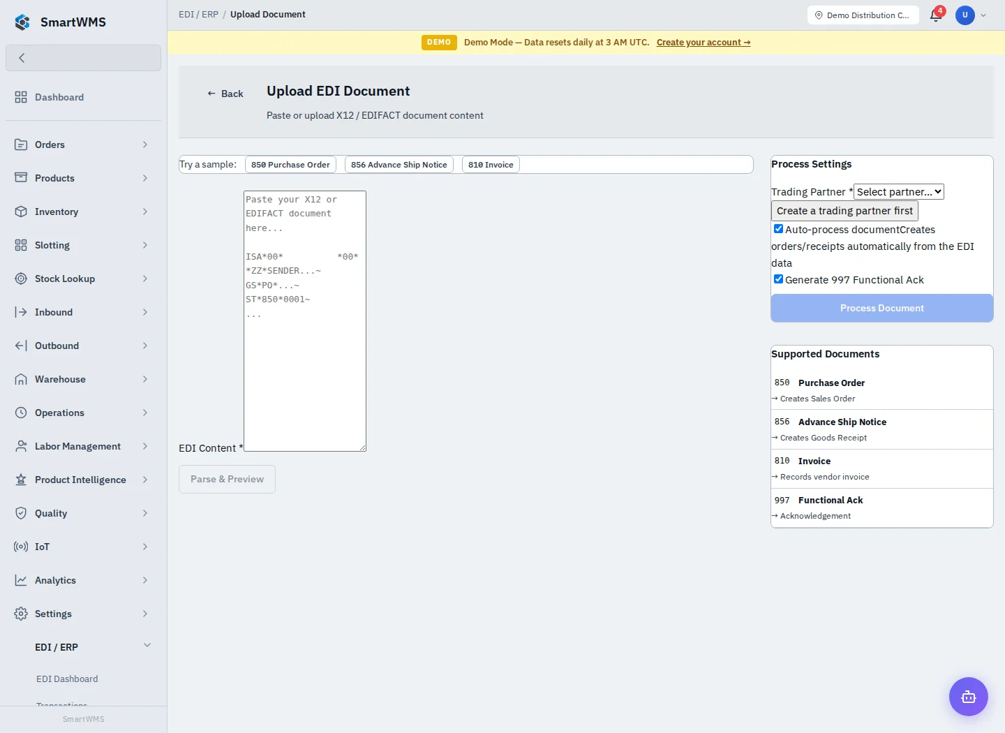 Upload and Preview EDI in the public demo account