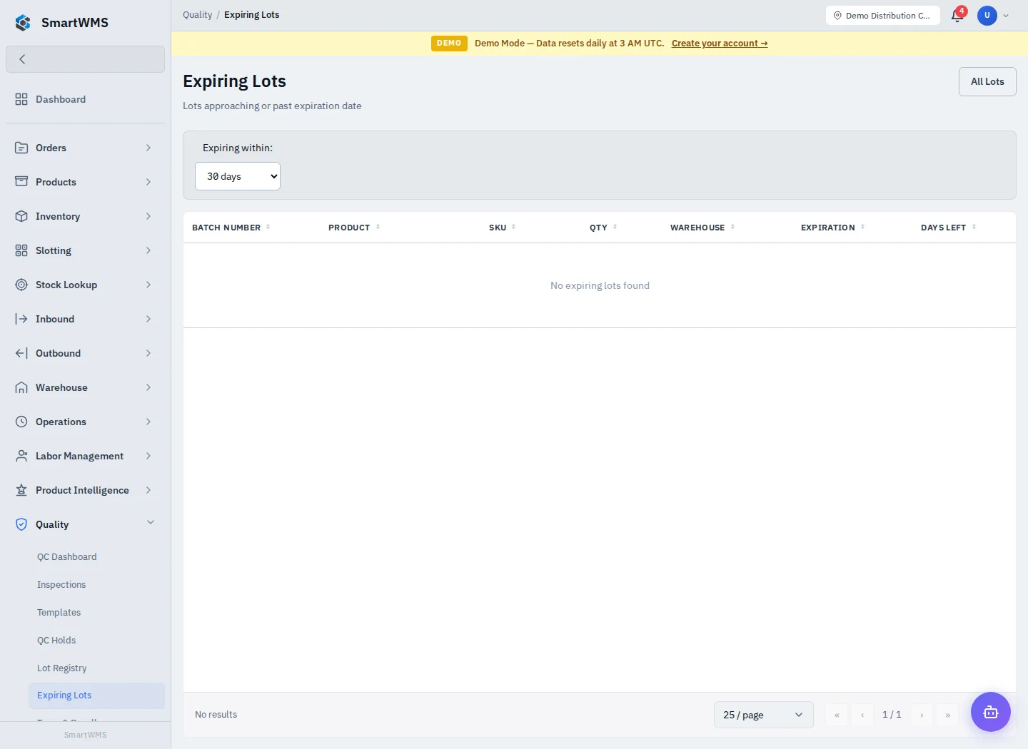 Expiring Lots in the public demo account