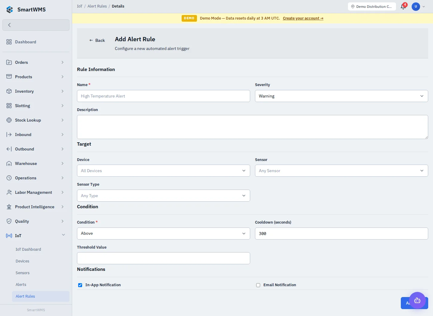 IoT Alert Rules in the public demo account