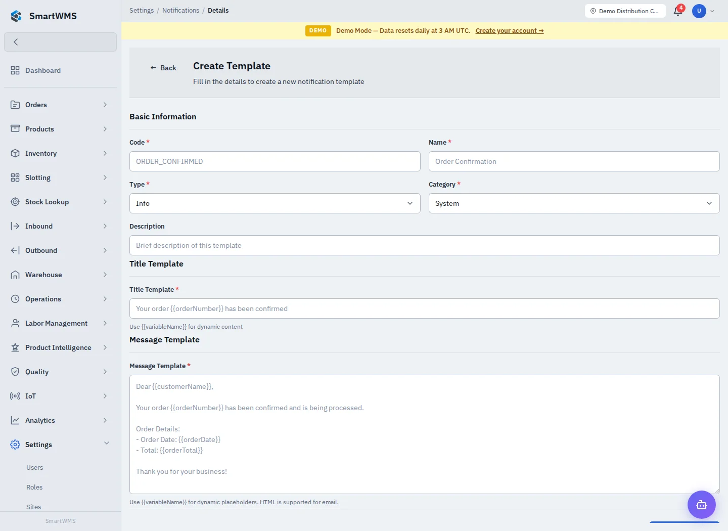 Notification Templates in the public demo account