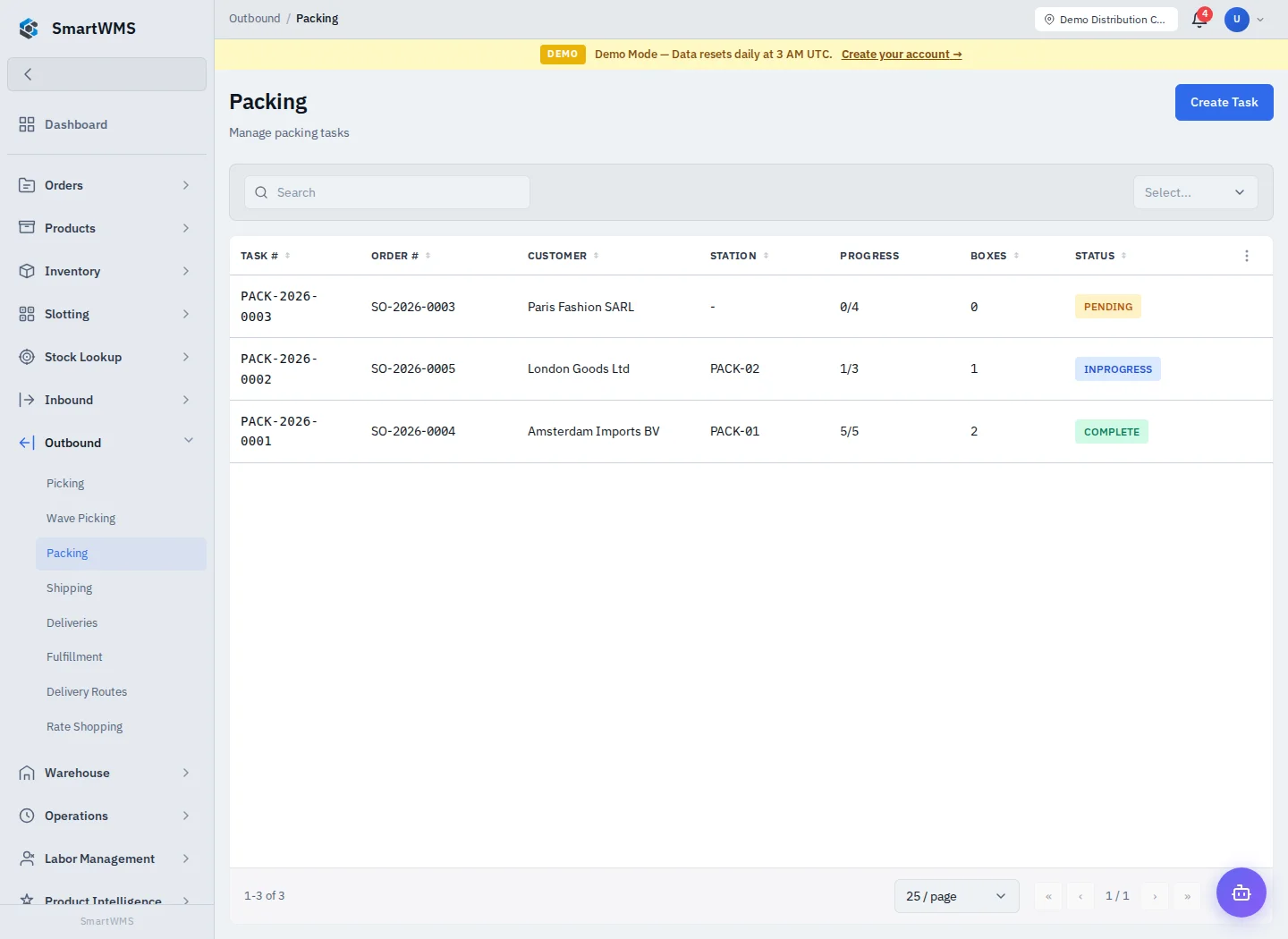 Packing Tasks and Packages in the public demo account