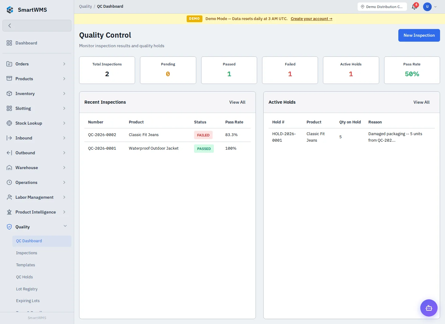 QC Dashboard in the public demo account