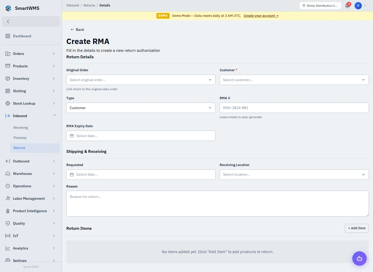 Returns and RMAs in the public demo account