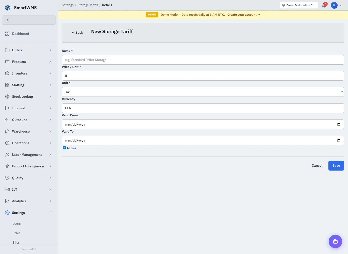 Storage Tariffs in the public demo account