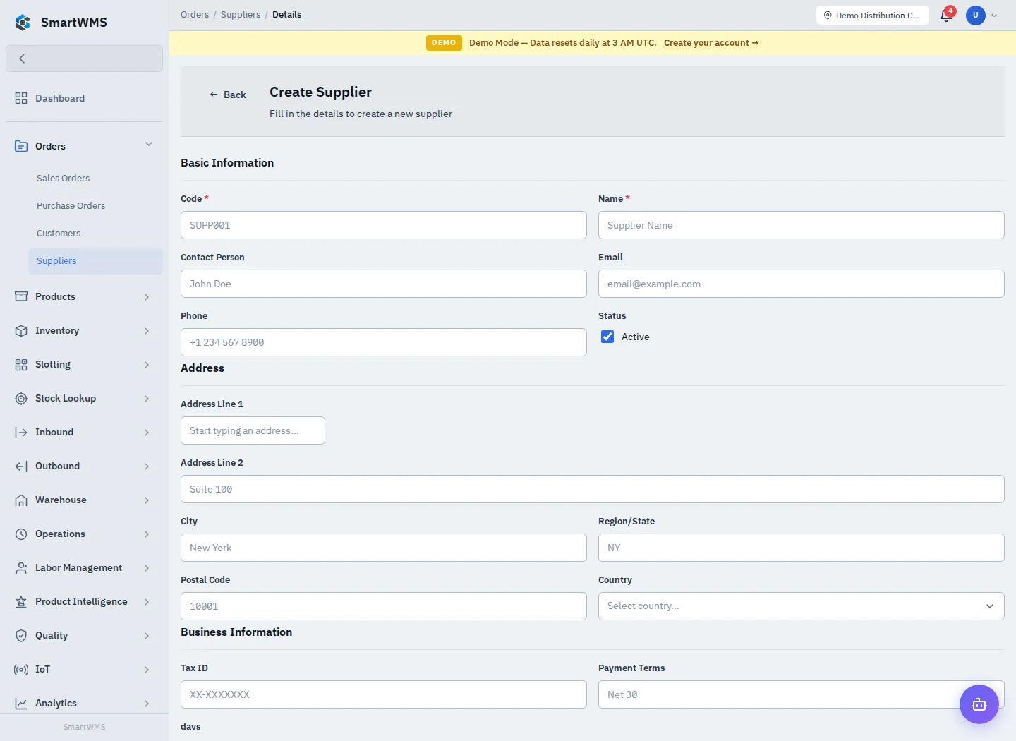 Suppliers in the public demo account