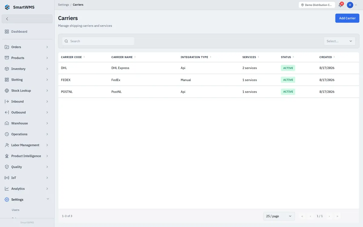 SmartWMS carrier settings: carrier code, integration type (API or manual), services and status