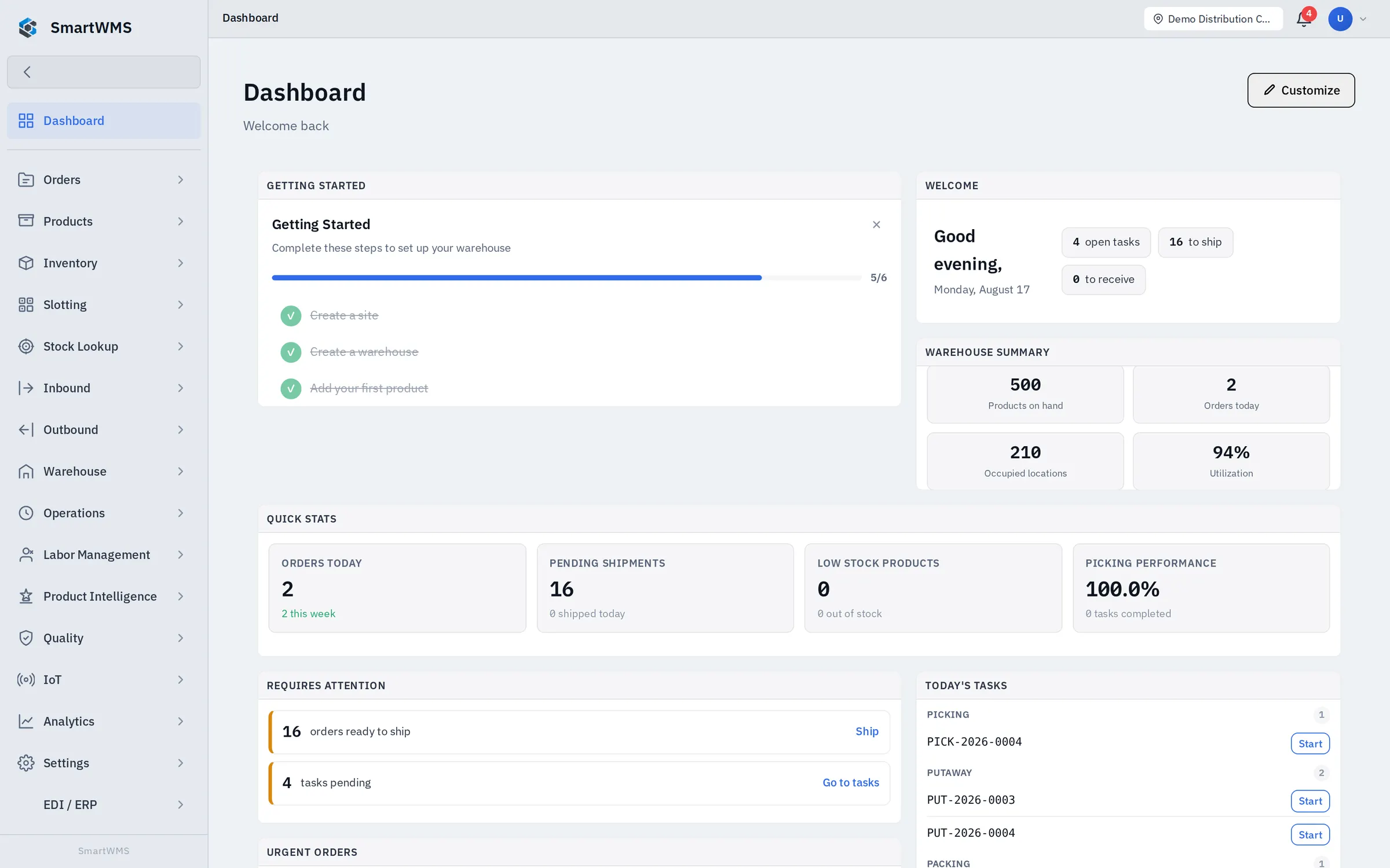 SmartWMS dashboard: open tasks, orders today, pending shipments and today's picking and putaway tasks