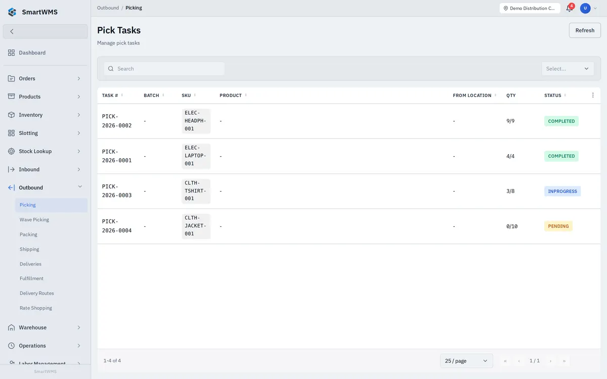 SmartWMS pick tasks: task number, SKU, quantity picked and status of each task