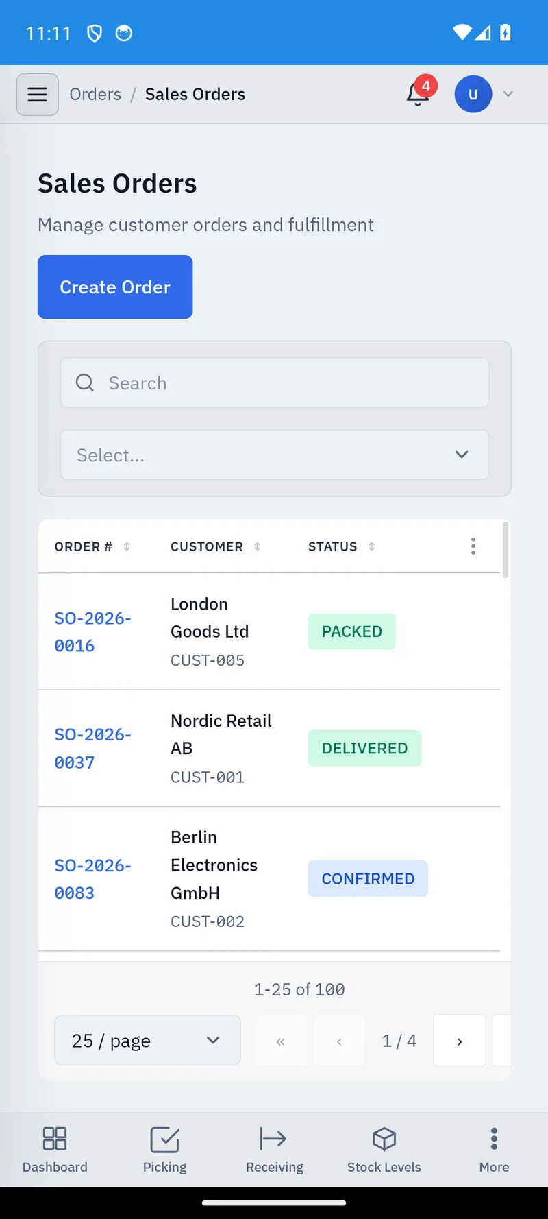 SmartWMS on an Android phone — sales orders: packed, delivered, confirmed